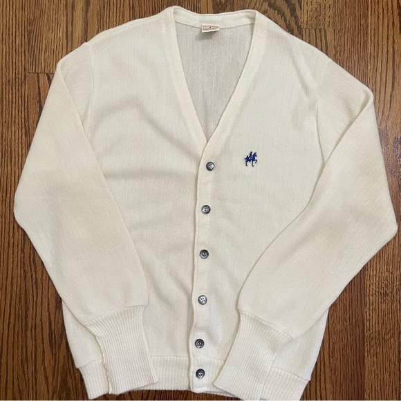 Saddlebred Vintage V Cut Cardigan Cream Blue Logo Men's Size Medium - Picture 1 of 11